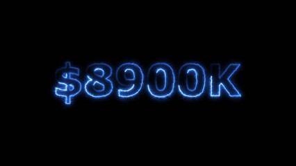 Royal blue color neon bright $8900K number for finance and success themed 4k illustration. Perfect for financial 4k illustration. Digital or currency Maney themes. Black background 4k illustration.