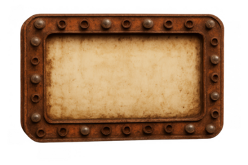 Steampunk rusty metal plaque with rivets and aged paper blank space, vintage grunge frame on transparent background