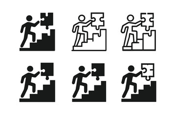 Overcoming Challenges Icons. Person overcoming challenges. Icon set. Set Logo of Person overcoming challenges: Puzzle piece completion. harmonious logo
