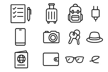 Packing Essentials Icons. Packing checklist. Line icon set of packing checklist: checklist paper, pen, suitcase, backpack, phone, camera, charger, passport,