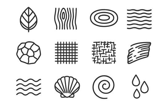 Organic Texture Icons. Organic textures. Line icon set of organic textures: leaf vein, wood grain, ripple, sand pattern, rock surface, fabric weave, paper