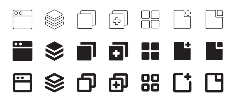 Icon symbol set for browser graphic user interface. Contains multiple window application, more tabs, new, add, maximize, minimize, more. Vector icon illustration.
