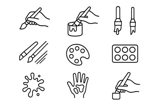 Painter's Tools Icons. Painter?s hands dipping brush in paint. Line icon set of Painter?s hands dipping brush in paint: hand holding paintbrush, paint can,