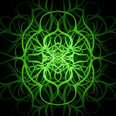 Intricate luminous green fractal pattern on black background symmetrical abstract design image