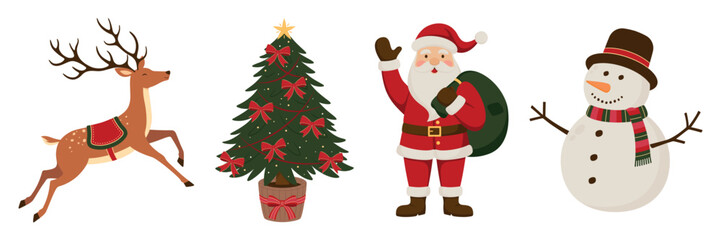 Set of Christmas and New Year winter season illustrations. Festive Christmas tree, brown reindeer, Santa Claus and snowman. Flat vector illustrations for greeting card, poster, invitation.