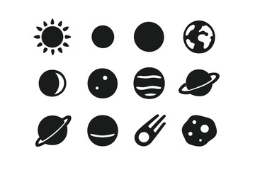 Planetary Icons Grid. Planetary system. Solid icon set of planetary system: sun, mercury, venus, earth, moon, mars, jupiter, saturn, uranus, neptune, comet,