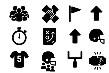 Pre-Game Huddle Icons. Pre-Game Huddle. Solid icon set of Pre-Game Huddle: sports team, hands in, whistle, flag, stopwatch, playbook, arrow, jersey, group,