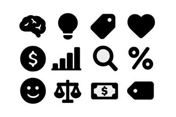Psychological Pricing Icons. Psychological Pricing. Solid icon set of Psychological Pricing: brain, light bulb, tag, heart, coin, bar chart, magnifying glass,