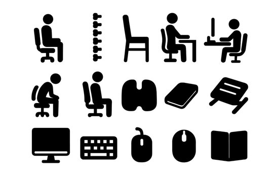 Posture Icon Set. Posture Monitoring. Solid icon set of person sitting, spine, chair, desk, monitor, keyboard, mouse, posture icon, lumbar support, cushion,