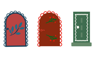 Vector illustrations of three decorative doors with floral designs and scalloped edges