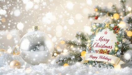 Festive Merry Christmas and Happy Holidays greeting card mockup with glittery silver ornament, snowy fir branches, and glowing golden bokeh light background. Winter holiday magic.
