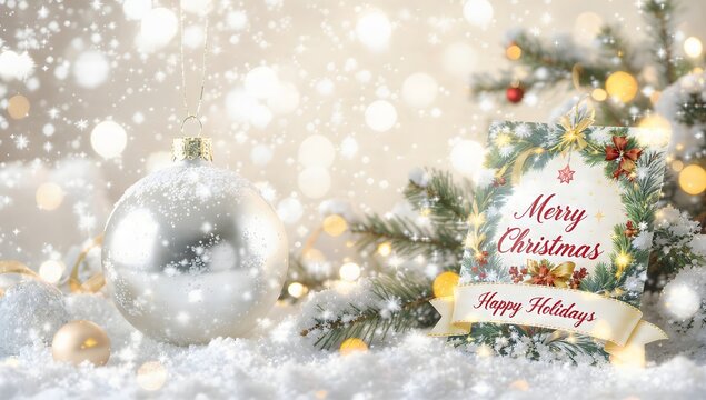 Festive Merry Christmas and Happy Holidays greeting card mockup with glittery silver ornament, snowy fir branches, and glowing golden bokeh light background. Winter holiday magic. - Powered by Adobe