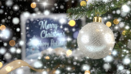 Magical Christmas Holiday background featuring a sparkling white bauble ornament hanging on a snowy pine branch, set against glowing bokeh lights and "Merry Christmas" text.