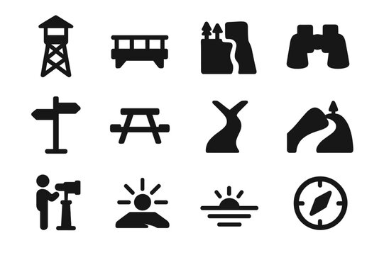 Scenic Viewpoint Icons. Scenic viewpoints. Solid icon set of Scenic viewpoints: lookout tower, observation deck, cliff edge, binoculars, trail sign, picnic
