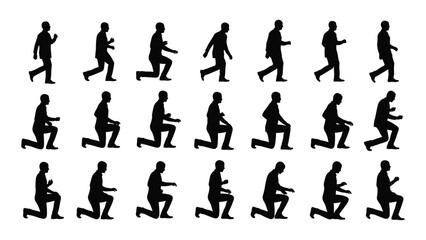 Man walking to kneeling animation silhouettes isolated on white background, Vector
