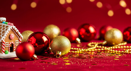 Composition of gingerbread house, red and gold baubles, gold string on red surface with glitter. Represents festive decoration and holiday spirit