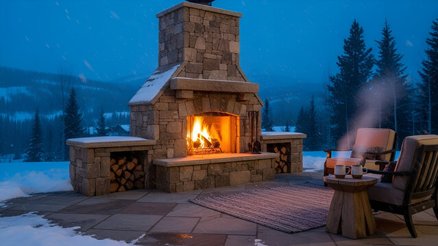 Outdoor stone fireplace in winter landscape at night
