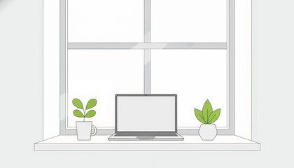 Minimalist home office illustration with a laptop on a windowsill. Remote work and freelance concept. Clean line art vector graphic with copy space