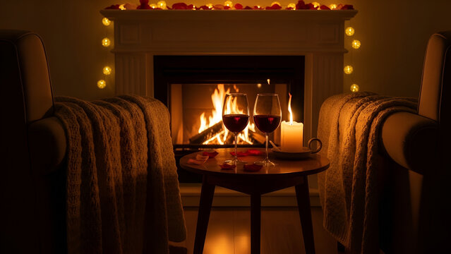 Cozy fireplace with wine and candlelight on a cold winter night