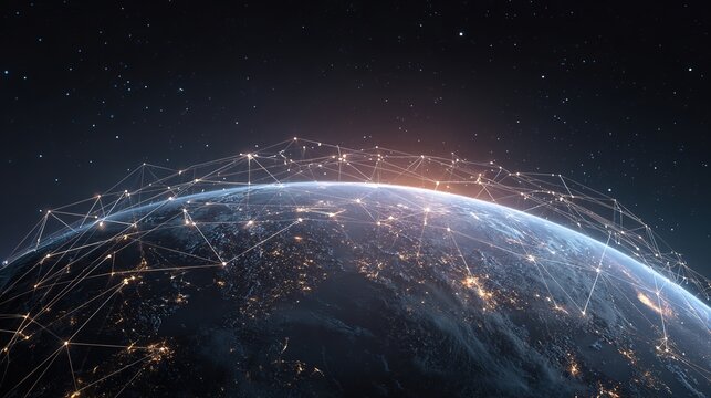 Global Network Connectivity: A mesmerizing view of Earth illuminated with a radiant web of interconnected data streams, symbolizing the seamless flow of information across continents.