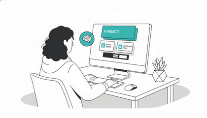 Fototapeta premium A person working on AI projects on a computer. Minimalist line art illustration of software development and UI design. Vector graphic for technology concepts