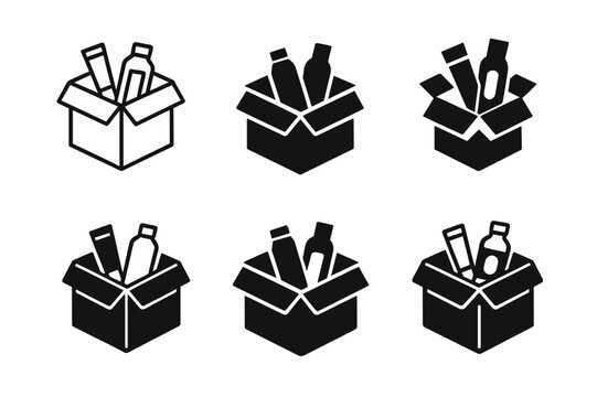 Subscription Box Logos. Subscription boxes. Icon set. Set Logo of subscription boxes: open delivery box with items. harmonious logo variations of the same