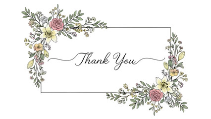 A beautiful 'Thank You' card design featuring a delicate rectangular frame adorned with pastel floral arrangements of roses, daffodils, and green leaves in the corners, on a white background.