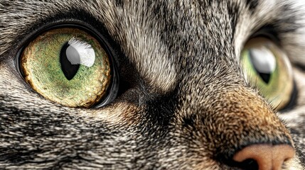 Stunning Close-Up of a Gray Domestic Cat with Striking Green Eyes Captured in Natural Light