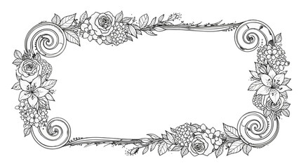 An ornate rectangular frame decorated with swirling floral elements and leaves, rendered in a black and white line art style.