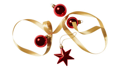 Stunning red Christmas ornaments cascade with flowing gold ribbon detail