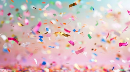 Festive background with falling colorful confetti. Celebration for a party, birthday, or new year's eve. Abstract motion with bokeh lights