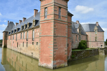 Carrouges Castle Corner Exterior View with Moat, Normandy