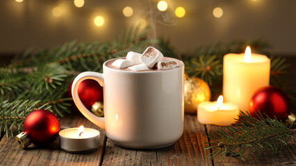 Cozy Christmas Hot Chocolate Still Life &mdash; Warm Candles, Marshmallows, Pine Branches, Ultra-Realistic Holiday Atmosphere
