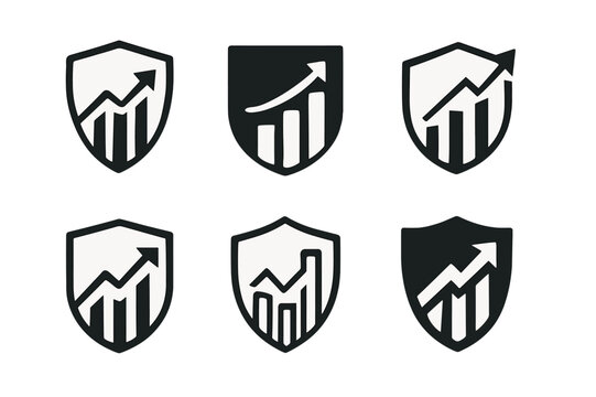 Wealth Management Icons. Wealth Management Office. Icon set. Set Logo of Wealth Management Office: upward financial graph with shield. harmonious
