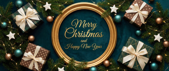 Merry christmas and happy new year frame with gifts ornaments and christmas tree branches decor design
