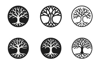 Yggdrasil Logo Set. Yggdrasil tree. Icon set. Set Logo of Yggdrasil tree: Tree of life with circular canopy. harmonious logo variations of the same emblematic