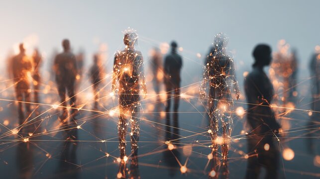 Connected Community: A network of interconnected figures, illuminated with glowing lines, standing against a soft-focus background, representing a vision of unity, collaboration.