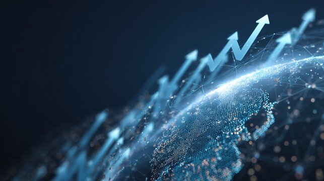 Global Growth Trajectory: An abstract visual of the globe intertwined with ascending arrows, symbolizing global economic growth, expansion, and positive trends in a dynamic and futuristic aesthetic.