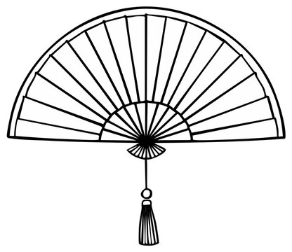 Open Asian folding fan with a hanging tassel, simple black and white line art illustration
