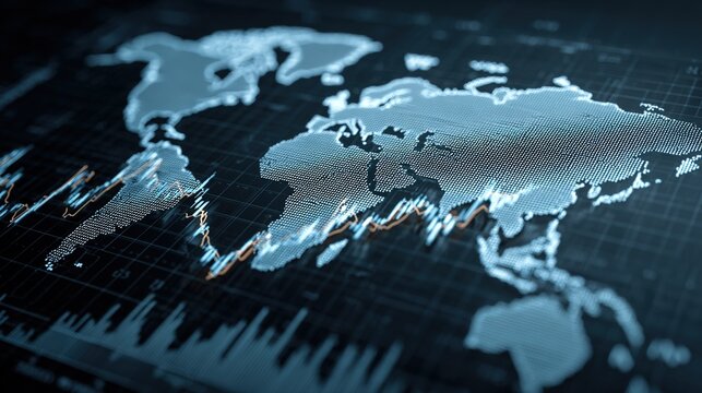 Global Economic Landscape: A macro view of the world map with dynamic charts illustrates global markets, economic activity, and financial trends.