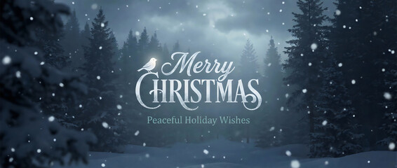 Merry christmas winter scene background with snow falling and pine trees holiday greeting card design