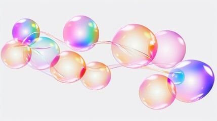 Abstract background of colorful iridescent soap bubbles. Transparent rainbow spheres in fluid motion isolated on white with copy space