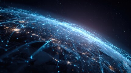 Global Network: A mesmerizing view of Earth, encircled by a glowing network representing global connections and technological advancements. A visual representation of the interconnected world.