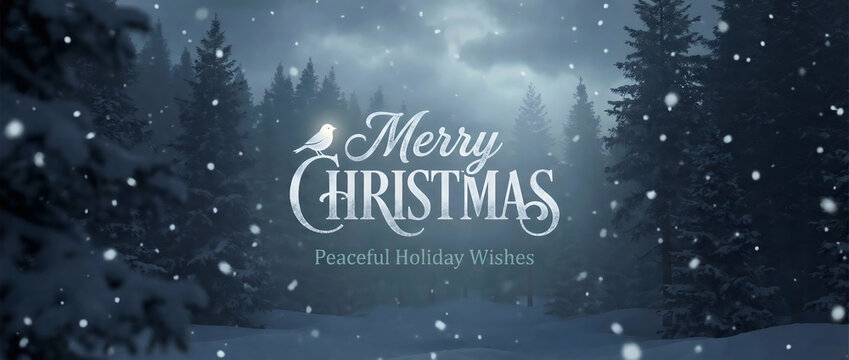 Merry christmas winter scene background with snow falling and pine trees holiday greeting card design