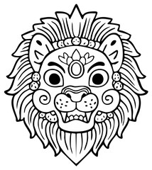 Obraz premium Traditional Asian lion head illustration or mythical foo dog mask in a black and white line art style