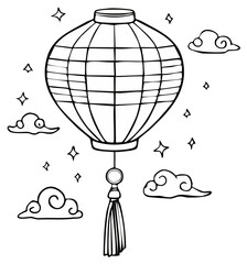 Traditional Asian lantern line art with decorative tassel and stylized clouds stars