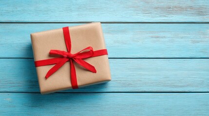 Gift wrapped in brown kraft paper with red ribbon on a blue wooden surface, flat lay top view for holiday or celebration themes
