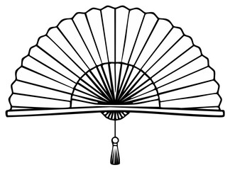 Elegant open folding hand fan with decorative tassel in clean black outline illustration