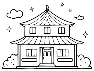 Line Drawing of a Traditional Asian Pagoda Style Building with Clouds and Stars