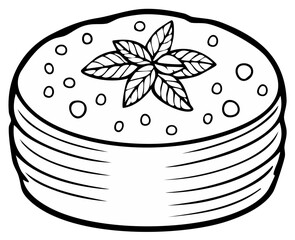 Cartoon line art of a stack of pancakes with a creamy topping and herb garnish for coloring